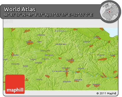 Physical 3D Map of the Area around 48° 54' 57" N, 32° 22' 30" E