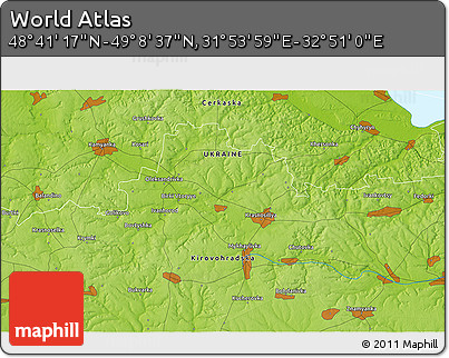 Physical 3D Map of the Area around 48° 54' 57" N, 32° 22' 30" E