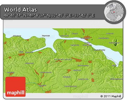 Physical 3D Map of the Area around 48° 54' 57" N, 33° 13' 30" E