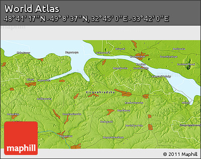 Physical 3D Map of the Area around 48° 54' 57" N, 33° 13' 30" E