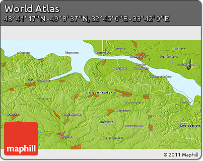 Physical 3D Map of the Area around 48° 54' 57" N, 33° 13' 30" E