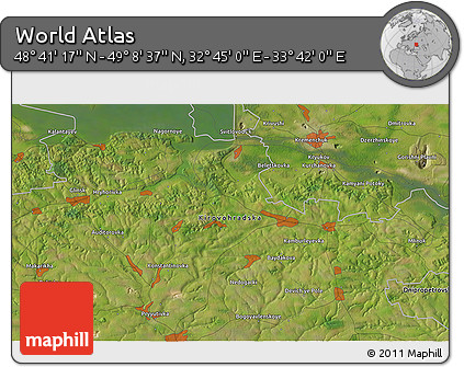Satellite 3D Map of the Area around 48° 54' 57" N, 33° 13' 30" E