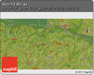 Satellite 3D Map of the Area around 48° 54' 57" N, 33° 13' 30" E