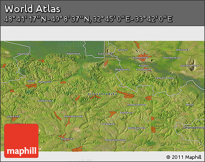 Satellite 3D Map of the Area around 48° 54' 57" N, 33° 13' 30" E