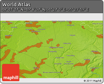 Physical 3D Map of the Area around 48° 54' 57" N, 34° 55' 29" E