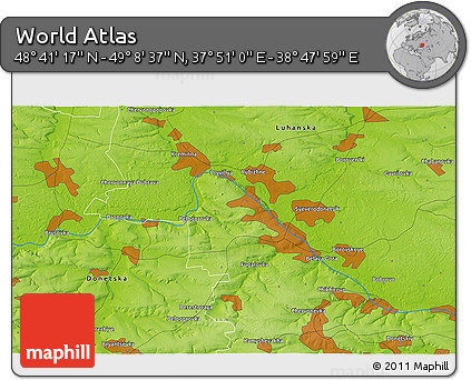 Physical 3D Map of the Area around 48° 54' 57" N, 38° 19' 30" E