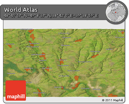 Satellite 3D Map of the Area around 48° 54' 57" N, 39° 10' 29" E