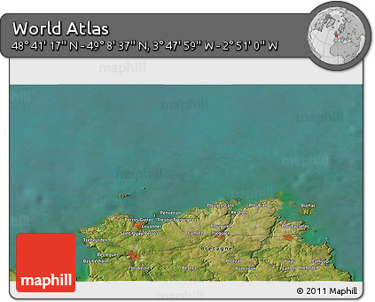 Satellite 3D Map of the Area around 48° 54' 57" N, 3° 19' 30" W