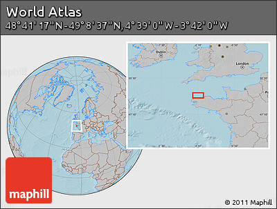 Gray Location Map of the Area around 48° 54' 57" N, 4° 10' 30" W, hill shading