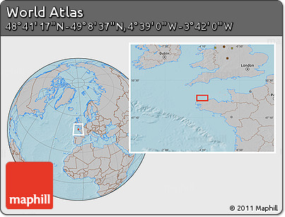 Gray Location Map of the Area around 48° 54' 57" N, 4° 10' 30" W, hill shading