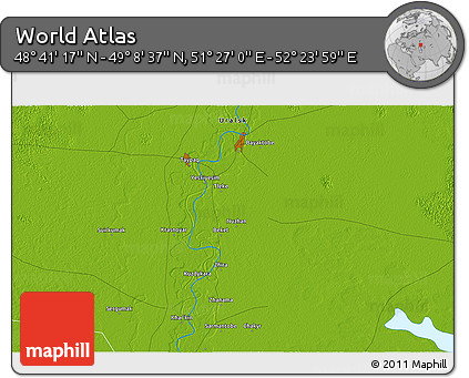 Physical 3D Map of the Area around 48° 54' 57" N, 51° 55' 29" E
