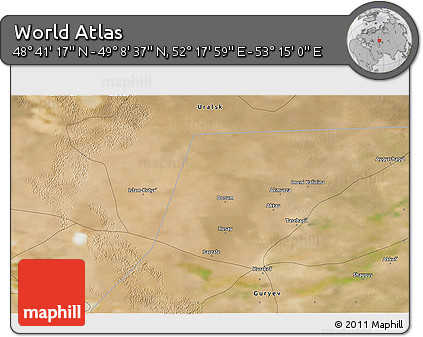 Satellite 3D Map of the Area around 48° 54' 57" N, 52° 46' 29" E