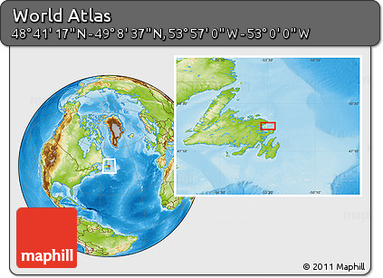 Physical Location Map of the Area around 48° 54' 57" N, 53° 28' 30" W