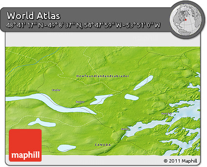 Physical 3D Map of the Area around 48° 54' 57" N, 54° 19' 30" W