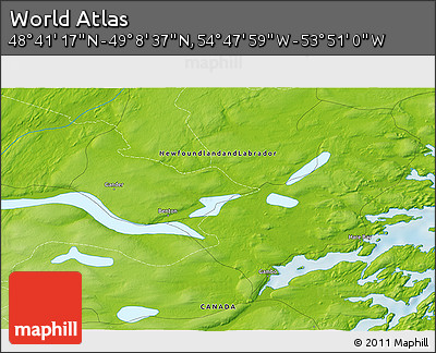 Physical 3D Map of the Area around 48° 54' 57" N, 54° 19' 30" W