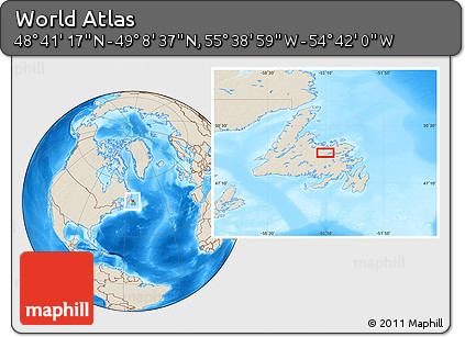 Shaded Relief Location Map of the Area around 48° 54' 57" N, 55° 10' 29" W