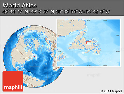 Shaded Relief Location Map of the Area around 48° 54' 57" N, 55° 10' 29" W