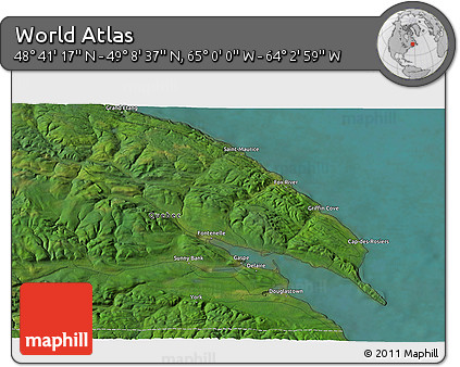 Satellite 3D Map of the Area around 48° 54' 57" N, 64° 31' 30" W