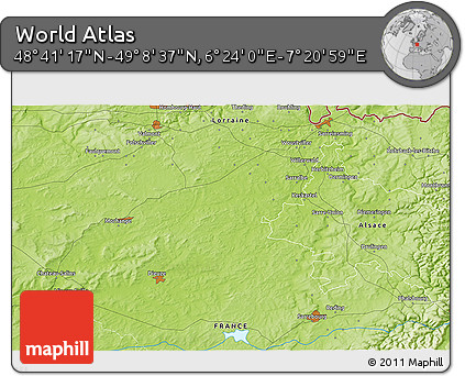 Physical 3D Map of the Area around 48° 54' 57" N, 6° 52' 30" E
