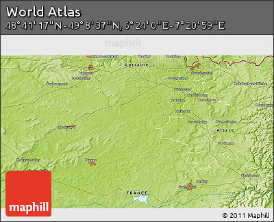 Physical 3D Map of the Area around 48° 54' 57" N, 6° 52' 30" E