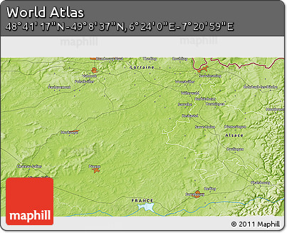 Physical 3D Map of the Area around 48° 54' 57" N, 6° 52' 30" E
