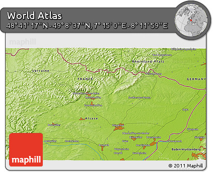 Physical 3D Map of the Area around 48° 54' 57" N, 7° 43' 29" E