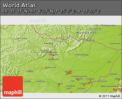 Physical 3D Map of the Area around 48° 54' 57" N, 7° 43' 29" E