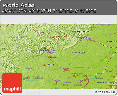Physical 3D Map of the Area around 48° 54' 57" N, 7° 43' 29" E