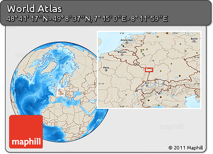 Shaded Relief Location Map of the Area around 48° 54' 57" N, 7° 43' 29" E