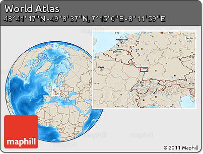 Shaded Relief Location Map of the Area around 48° 54' 57" N, 7° 43' 29" E