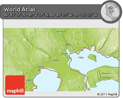 Physical 3D Map of the Area around 48° 54' 57" N, 88° 19' 29" W
