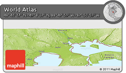 Physical Panoramic Map of the Area around 48° 54' 57" N, 88° 19' 29" W