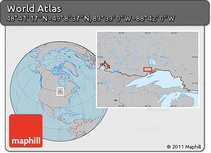 Gray Location Map of the Area around 48° 54' 57" N, 89° 10' 30" W, hill shading