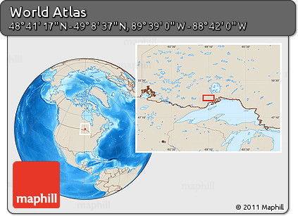 Shaded Relief Location Map of the Area around 48° 54' 57" N, 89° 10' 30" W
