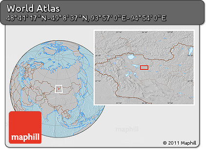 Gray Location Map of the Area around 48° 54' 57" N, 94° 25' 30" E, hill shading