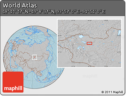 Gray Location Map of the Area around 48° 54' 57" N, 94° 25' 30" E, hill shading
