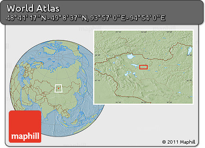 Savanna Style Location Map of the Area around 48° 54' 57" N, 94° 25' 30" E, hill shading