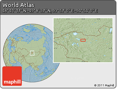 Savanna Style Location Map of the Area around 48° 54' 57" N, 94° 25' 30" E, hill shading