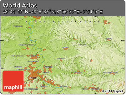 Physical Map of the Area around 48° 54' 57" N, 9° 25' 30" E