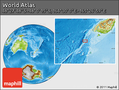 Physical Location Map of the Area around 48° 14' 2" S, 164° 58' 29" E