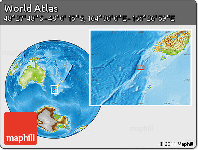 Physical Location Map of the Area around 48° 14' 2" S, 164° 58' 29" E