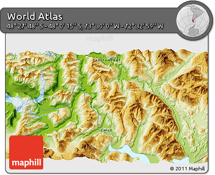 Physical 3D Map of the Area around 48° 14' 2" S, 73° 1' 30" W