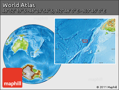 Physical Location Map of the Area around 48° 38' 36" S, 163° 16' 30" E