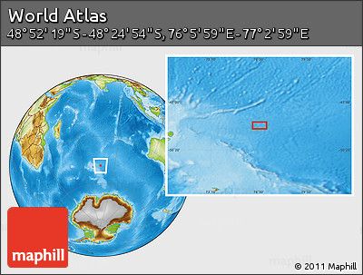 Physical Location Map of the Area around 48° 38' 36" S, 76° 34' 29" E