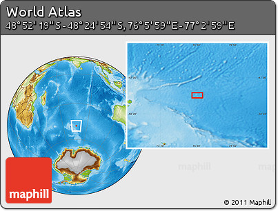 Physical Location Map of the Area around 48° 38' 36" S, 76° 34' 29" E