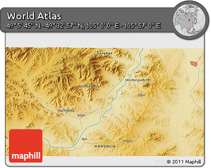 Physical 3D Map of the Area around 49° 19' 21" N, 105° 28' 29" E
