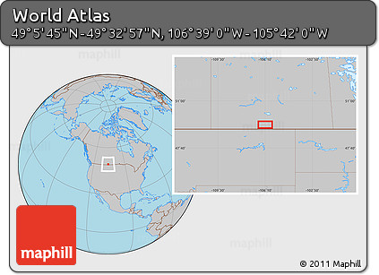 Gray Location Map of the Area around 49° 19' 21" N, 106° 10' 30" W