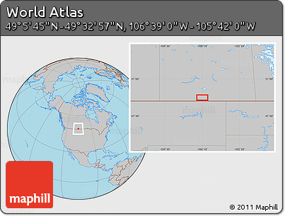 Gray Location Map of the Area around 49° 19' 21" N, 106° 10' 30" W
