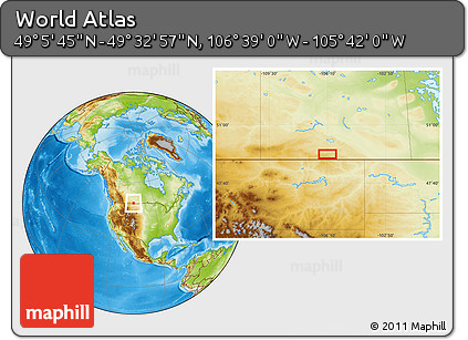 Physical Location Map of the Area around 49° 19' 21" N, 106° 10' 30" W