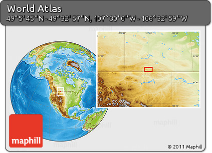 Physical Location Map of the Area around 49° 19' 21" N, 107° 1' 30" W
